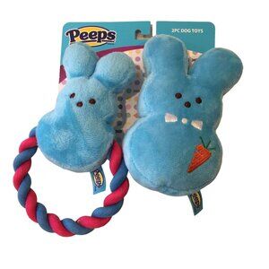 PEEPS 6" Dressed Up Blue Plush Bunny Squeaker & Pull Dog Toy Set of 2